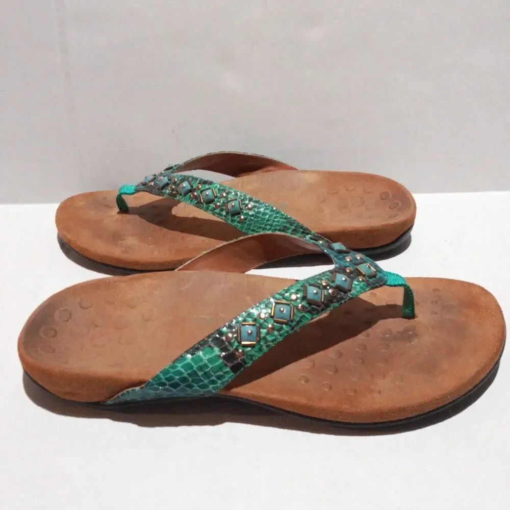 Vionic Floriana Thong Sandal-Size 8W-Faux Snakeskin-Beaded-Arch Support-Comfort